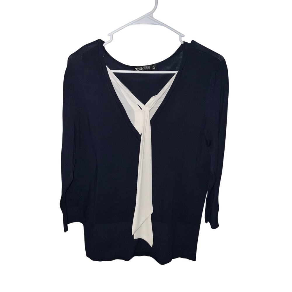 New York & Company Navy Blue And White V-Neck Blouse Size L
